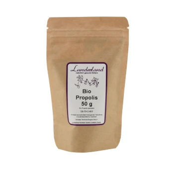 Braune Papiertüte mit der Aufschrift 'Bio Propolis 50 g' von Lundeland, mit einem weißen und lila Design und Haustierillustrationen.