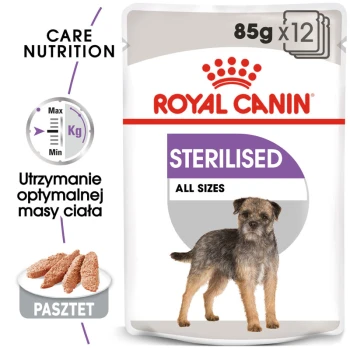 Opakowanie karmy dla psów Royal Canin Sterilised, z ilustracją małego psa, z tekstem wskazującym '85g x 12', 'Sterilised' i 'All Sizes'.