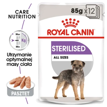 Opakowanie karmy dla psów Royal Canin Sterilised, z ilustracją małego psa, z tekstem wskazującym '85g x 12', 'Sterilised' i 'All Sizes'.