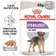 Opakowanie karmy dla psów Royal Canin Sterilised, z ilustracją małego psa, z tekstem wskazującym '85g x 12', 'Sterilised' i 'All Sizes'.