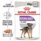 Opakowanie karmy dla psów Royal Canin Sterilised, z ilustracją małego psa, z tekstem wskazującym '85g x 12', 'Sterilised' i 'All Sizes'.