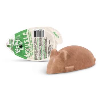 Brauner Kauknochen in Muschelform mit grün-weißer 'Lucky You' Leberwurstverpackung und sichtbarem Barcode.
