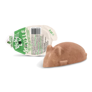 Brauner Kauknochen in Muschelform mit grün-weißer 'Lucky You' Leberwurstverpackung und sichtbarem Barcode.