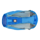 Ein blauer Haustier-Rucksack mit Netzfächern, mit zwei Wasserflaschen, die mit "RUFFWEAR" beschriftet sind, und einem Hundelogo.