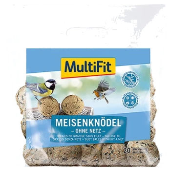 Kule tłuszczowe MultiFit Meisenknödel dla ptaków, 20 sztuk, bez siatki, z obrazkami ptaków na opakowaniu.