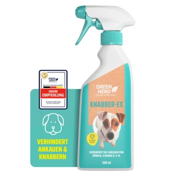 Eine weiße Sprühflasche mit der Aufschrift "GREEN HERO" und dem Slogan "Die Natur weiß es am besten" sowie "Knabber-EX", mit einem Nahaufnahmebild eines kleinen Hundes.