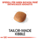 Maßgeschneiderte Kroketten für Bichon Frisé, mit einer Illustration eines einzelnen Krokettenstücks und deutschem Text darüber.