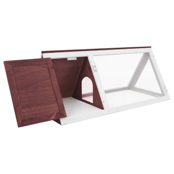 Holzhaustierhaus mit einem dreieckigen Design, mit einem Netzfront und einer offenen Tür, ideal für kleine Tiere.
