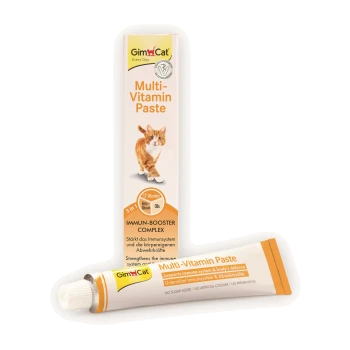 Pâte multivitaminée GimCat pour chats : image d'un chat rayé orange sur la boîte et tube assorti étiqueté 'Multi-Vitamin Paste'.
