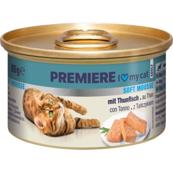 Une boîte de nourriture pour chats étiquetée "PREMIERE I ♥ my cat," mettant en avant un chat Bengal et "Soft Mousse mit Thunfisch" avec un plat de mousse.