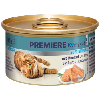 Une boîte de nourriture pour chats étiquetée "PREMIERE I ♥ my cat," mettant en avant un chat Bengal et "Soft Mousse mit Thunfisch" avec un plat de mousse.