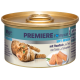 Eine Dose Katzenfutter mit der Aufschrift "PREMIERE I ♥ meine Katze," mit einer Bengalkatze und "Weiche Mousse mit Thunfisch" mit Mousse-Schale.