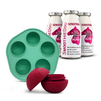 Drei Flaschen SmoothieDog Sensitivo hypoallergener Hundesnack mit grünem Silikonform-Tablett und rotem Leckerli-Spenderball.