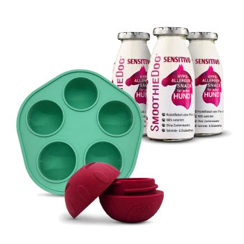 Drei Flaschen SmoothieDog Sensitivo hypoallergener Hundesnack mit grünem Silikonform-Tablett und rotem Leckerli-Spenderball.