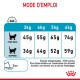 Tableau détaillant les directives d'alimentation pour les chats en fonction de leur poids, avec des portions idéales et en surpoids en grammes, et une icône d'eau.