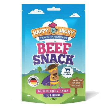 Tüte Happy Jacky Beef Snack Hundeleckerli mit Cartoon-Stier, Einzelprotein, getreidefrei, 130g, deutsches Qualitätssiegel.