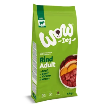 Grüne WOW Dog Trockenfuttertüte mit der Aufschrift 'Rind Adult' (Rind) und Schüssel mit Fleischbildern, 6 kg, Hergestellt in Österreich