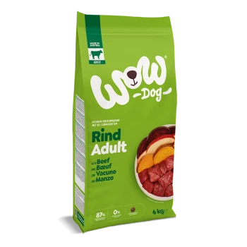 Grüne WOW Dog Trockenfuttertüte mit der Aufschrift 'Rind Adult' (Rind) und Schüssel mit Fleischbildern, 6 kg, Hergestellt in Österreich