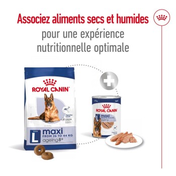 Emballage de nourriture pour chiens Royal Canin présentant des options de nourriture sèche et humide pour les grands chiens âgés de 8 ans et plus, avec un texte promouvant une nutrition optimale.