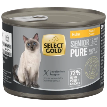 Select Gold Senior Pure Katzenfutterdose mit Hähnchengeschmack, getreidefreie Formel und Bild einer Siamkatze.