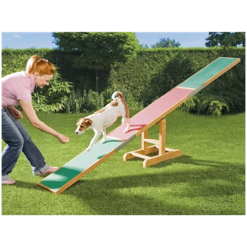Ein kleiner Hund läuft auf einer bunten Trainingsrampe in einem grasbewachsenen Garten, während eine Person ihn mit einem Leckerli ermutigt.