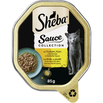 Sauce Collection 22 x 85 g Huhn, Truthahn und Gemüsezugabe, in Sauce Sheba Sauce Collection Katzenfutterverpackung mit einer grauen Katze, einer Schüssel mit gewürfeltem Truthahn und Gemüse in Sauce sowie Text auf Deutsch.