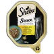 Sheba Sauce Collection Katzenfutterverpackung mit einer grauen Katze, einer Schüssel mit gewürfeltem Truthahn und Gemüse in Sauce sowie Text auf Deutsch.