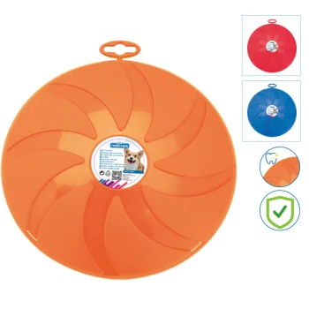 Oranges Hundespielzeug im Spiraldesign, mit einem Etikett mit einem Hundebild, dem Markennamen 'nobleza' und Produktdetails.