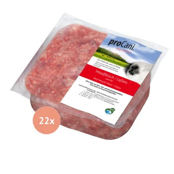 Verpacktes rohes Rindfleisch-Haustierfutter mit der Bezeichnung "proCani" und einem Foto einer Hundeschnauze, mit deutschem Text über die natürlichen Zutaten des Produkts.