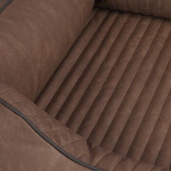 Braunes Haustierbett mit einer strukturierten Oberfläche und gepolsterten Seiten, mit einem gesteppten Design und einem gerippten Innenraum für Komfort.