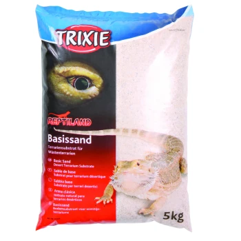 Reptiland Basissand für Wüstenterrarien weiß 5kg Ein 5 kg Sack Trixie Reptiland Basis Sand, mit einem Bartagame auf der Vorderseite, gekennzeichnet als Wüstenterrariumsubstrat.