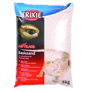 Ein 5 kg Sack Trixie Reptiland Basis Sand, mit einem Bartagame auf der Vorderseite, gekennzeichnet als Wüstenterrariumsubstrat.