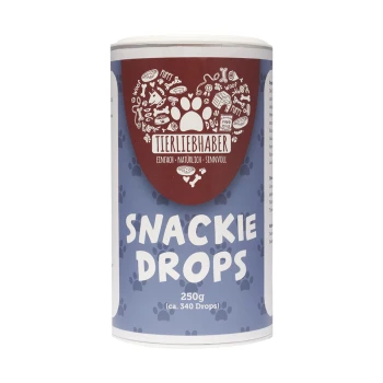 Behälter mit 'Snackie Drops' Haustierleckerlis, 250g, mit einem Pfotenabdruckdesign und dem Markennamen 'Tierliebhaber' deutlich sichtbar.