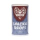 Behälter mit 'Snackie Drops' Haustierleckerlis, 250g, mit einem Pfotenabdruckdesign und dem Markennamen 'Tierliebhaber' deutlich sichtbar.