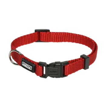 Rote verstellbare Haustierhalsband mit einer schwarzen Schnalle und D-Ring zur Leinenbefestigung, mit dem Markennamen "AriOne."