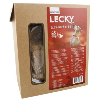 Boîte en carton de friandises pour chiens "Lecky Extra-hard n° 64", avec une fenêtre montrant la friandise à l'intérieur, et des informations nutritionnelles au dos.