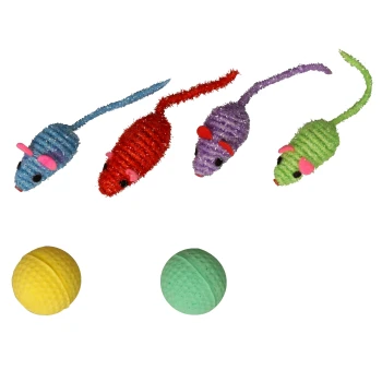 Spiel-Set 4 Glittermäuse und 2 Softbälle mit Catnip Bunte Plüschmaustoys in Blau, Rot, Lila und Grün, mit zwei Gummibällen in Gelb und Grün darunter.