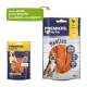 Two pet food packages: left has "Premiere Snack It Meaties" with a dog on yellow; right shows "I Love My Dog Meaties" in blue, 96% meat.