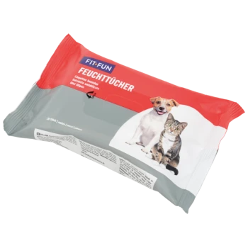 FIT+FUN pet wet wipes package with a dog and cat image, labeled "Feuchttücher" and "Wet Wipes" in multiple languages.