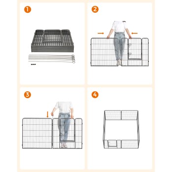 Schritt-für-Schritt-Anleitung zum Zusammenbauen eines Haustierspielzauns, mit einer Person, die Metallpaneele und -verbinder manipuliert.