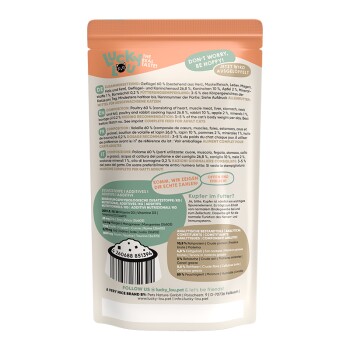 Rückseite einer Tierfutterverpackung mit "Lucky Lou"-Marke, Zutaten, Fütterungsempfehlungen und Nährwertangaben in mehreren Sprachen.