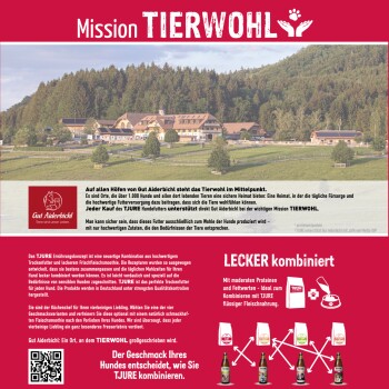 Bild zur Förderung von Gut Aiderbichls "Mission TIERWOHL", das eine malerische Farmlandschaft zeigt, Text über Tierschutz und Optionen für Tiernahrung.