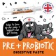 PRE+PROBIOTIC Verdauungspastentube; cartoonhafter Krankenpfleger-Hund und -Katze; Sprechblase 'hilft, unseren Kot zu festigen'; Siegel britischer Tierärzte