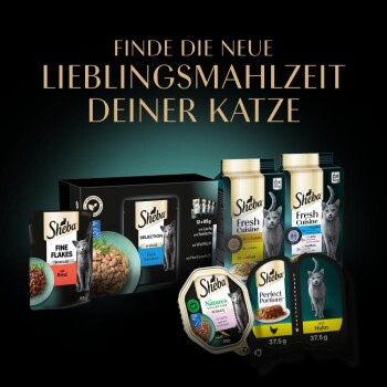 Bild von Sheba-Katzenfutterprodukten: "Feine Flocken", "Auswahl", "Frische Küche" und "Perfekte Portionen", mit Text über die Suche nach einer Lieblingsmahlzeit.