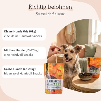Drei bunte Haustierfutterverpackungen mit der Aufschrift 'Pure Bites Hirsch', die Hirschillustrationen und Icons für natürliche Zutaten zeigen.