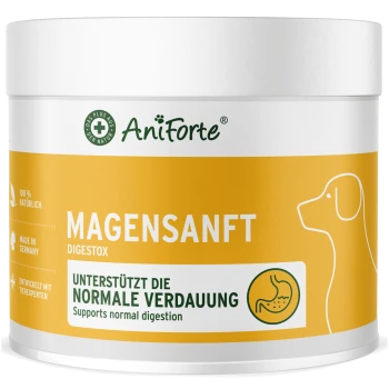 Behälter mit AniForte Magensanft Digestox für Hunde, gelbes Etikett, Text auf Deutsch, der besagt "Unterstützt die normale Verdauung", 100% natürlich, hergestellt in Deutschland.
