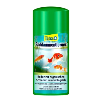 Tetra Pond Schlammentferner-Flasche, mit Goldfischen und Wasserpflanzen, mit dem Text, der besagt, dass es organischen Schlamm biologisch reduziert.