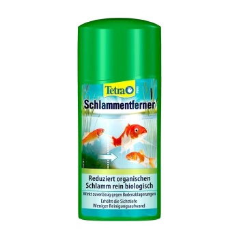 Tetra Pond Slibverwijderaar fles, met goudvissen en waterplanten, met tekst die aangeeft dat het organisch slib biologisch vermindert.