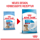 Vergleich der Verpackung von Royal Canin Hundefutter, das 'Starter Mother & Babydog' für mittelgroße Rassen zeigt, mit neuem Design und verbesserter Rezeptur.