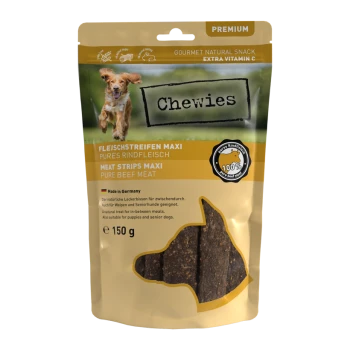 Eine Packung Chewies Meat Strips Maxi, die reine Rindfleischsnacks für Hunde enthält, mit einem verspielten Hundebild und Text in Deutsch und Englisch.